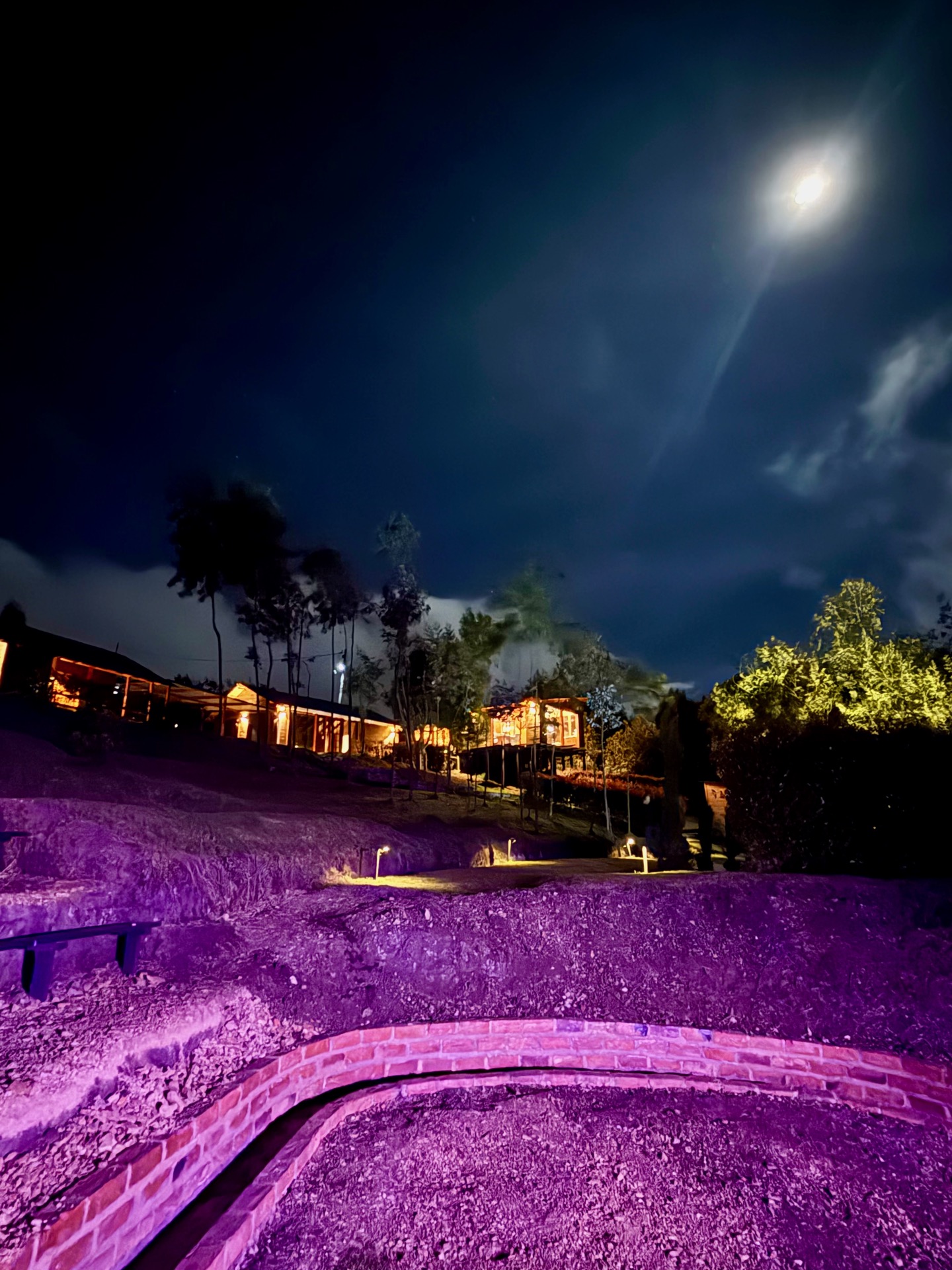 Gardens de noche — edificaciones iluminadas bajo luna llena